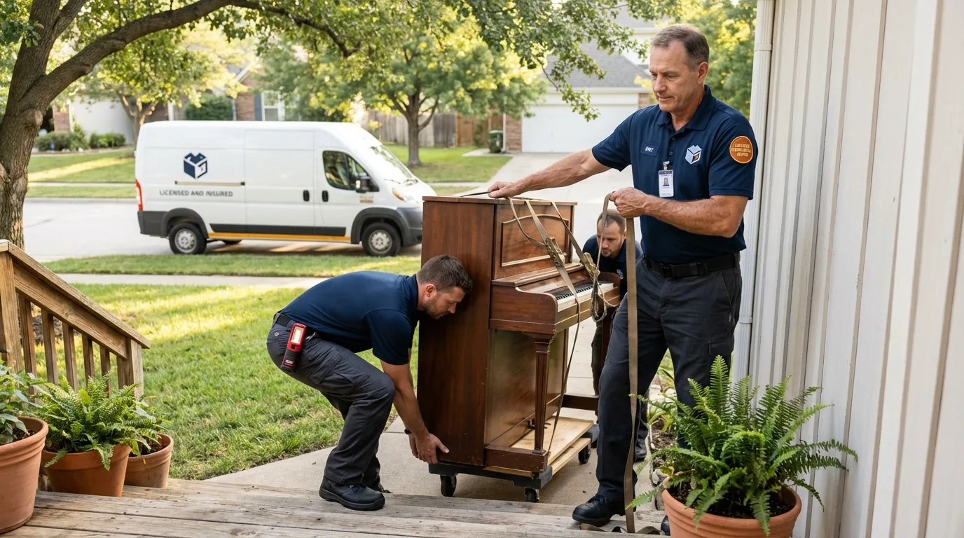 Licensed piano movers securing grand piano in Waymart, PA