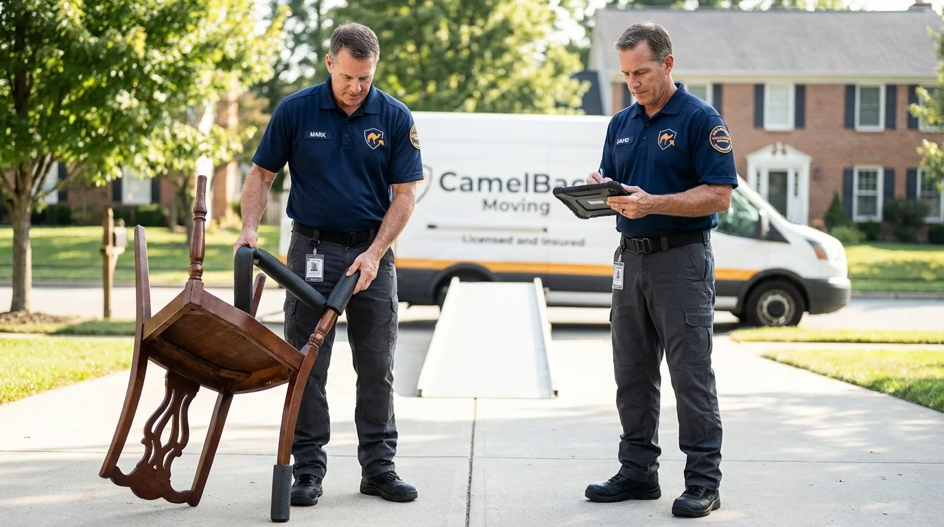 Movers inspecting furniture for damage prevention before loading in Waymart, PA