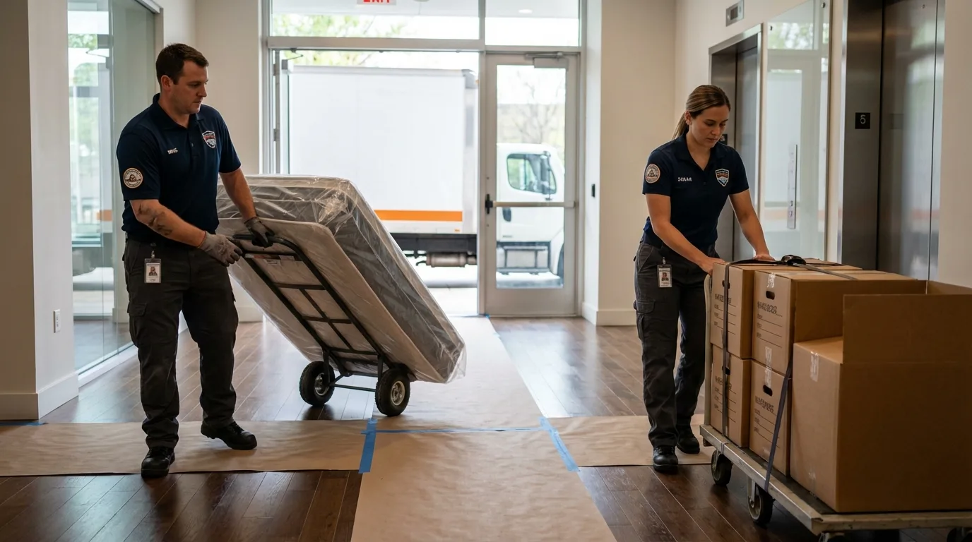 Professional apartment movers loading elevator in Waymart, PA