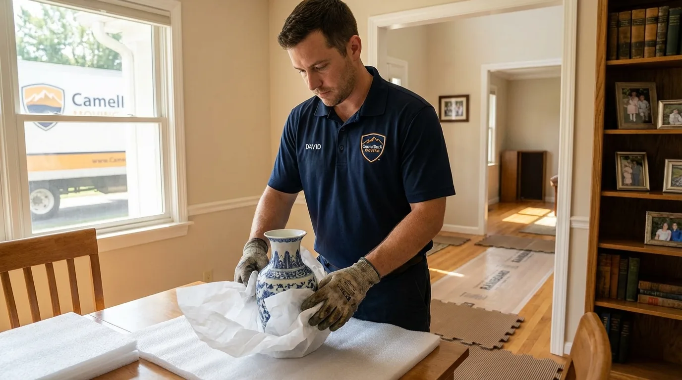 Professional crew carefully wrapping antique vase for senior downsizing move in Waymart, PA